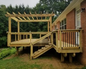 Wood pergola on a wooden deck